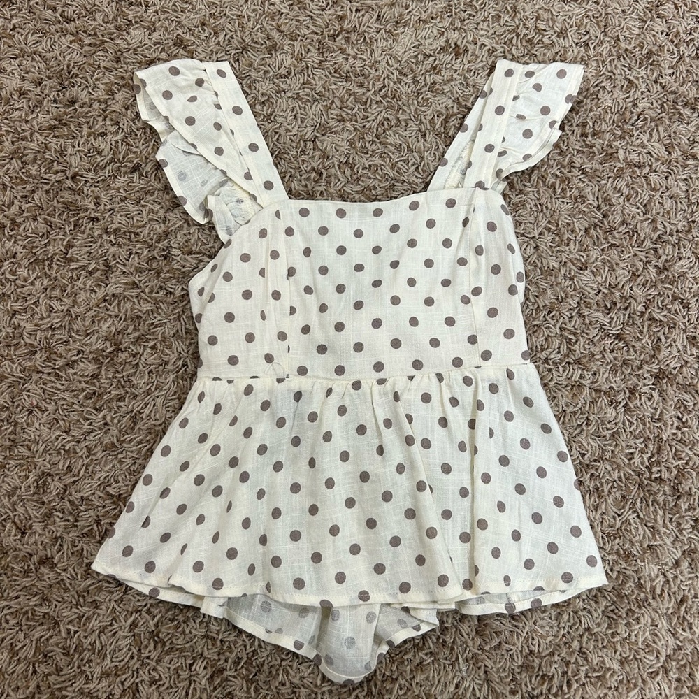 Cream & Brown Polka Dot Ruffle Tie Top Size S!